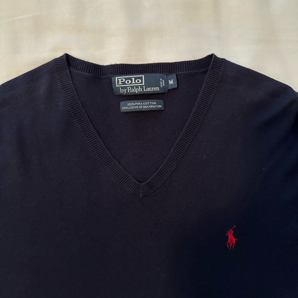 Polo by Ralph Lauren V-Neck Sweater Blue with red pony - Picture 3 of 5